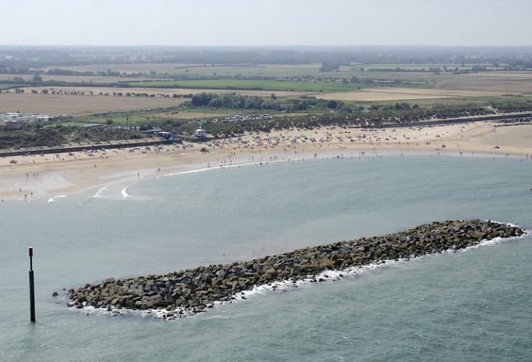 An aerial view of a beach affected by Coastal System Dynamics.