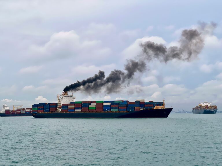 A cargo ship emitting thick black smoke from its stack while transporting colorful containers over a calm sea, highlighting the challenges faced by the shipping sector in meeting climate targets.