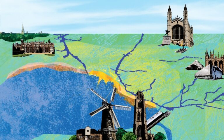 Illustration of a map with notable landmarks, including a windmill, historic buildings, and a church, against a colorful abstract background.
