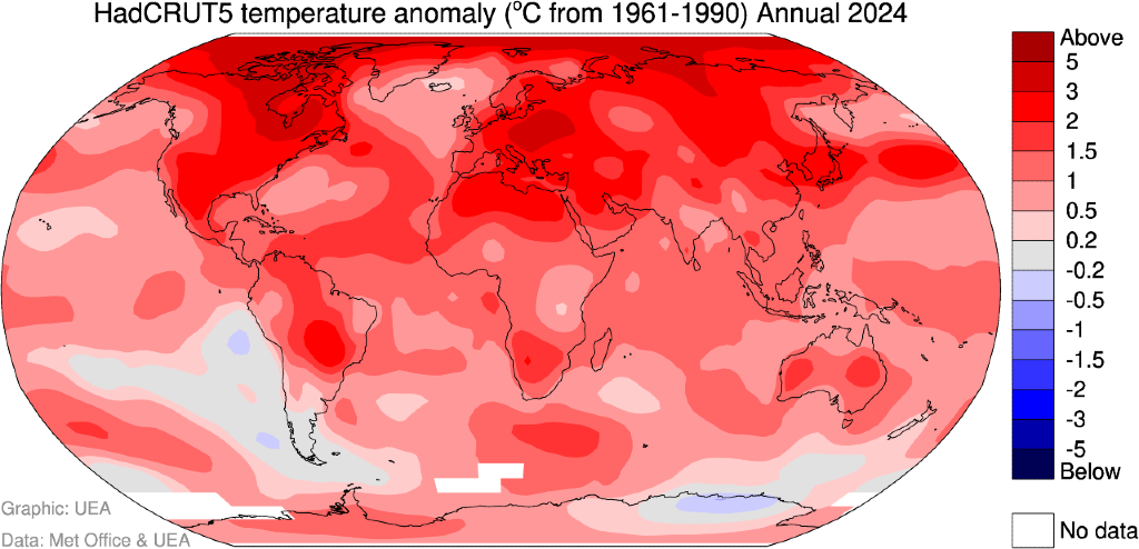 2024: a record-breaking watershed year for the global climate 2 Global map showing temperature anomalies in 2024, with red areas indicating above-average temperatures and blue areas below-average, compared to 1961-1990.