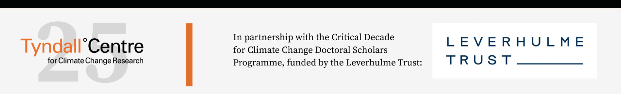 Tyndall Centre for Climate Change Research logo with text explaining the partnership with the Critical Decade for Climate Change Doctoral Scholars Programme, funded by the Leverhulme Trust, beside the Leverhulme Trust logo, in relation to the Tyndall Centre's Critical Decade for Climate Action Conference 2025