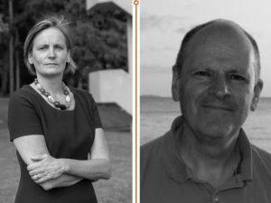 Black and white profile photos of Prof. Corinne Le Quéré and Prof. Robert Nicholls, named as Highly Cited climate researchers in 2025