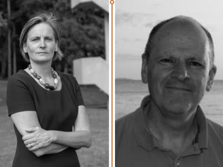 Black and white profile photos of Prof. Corinne Le Quéré and Prof. Robert Nicholls, named as Highly Cited climate researchers in 2025