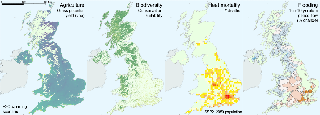 OpenCLIM 2 Example risk maps output by OpenCLIM themes Agriculture, Biodiversity, Heat, and Flooding, for a 2C warming scenario