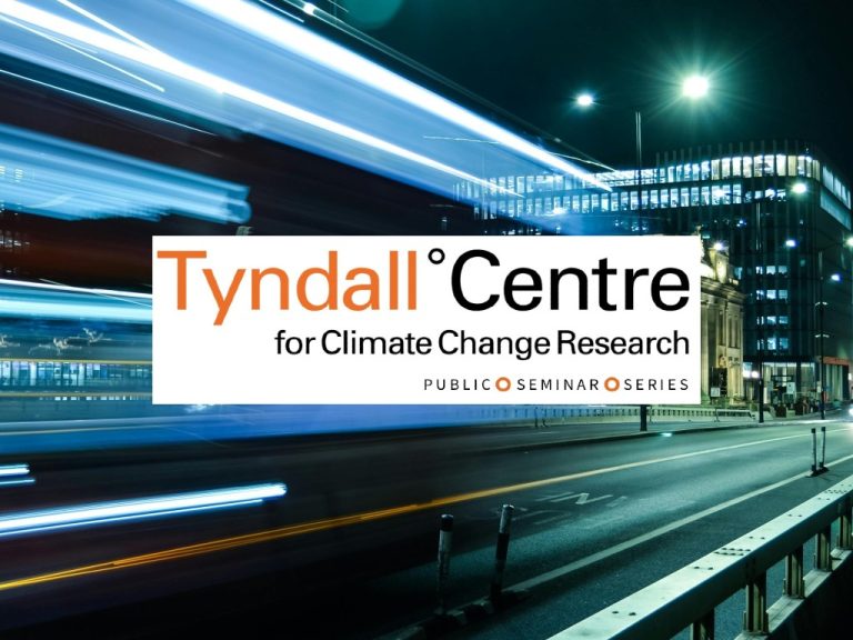 Dynamic night-time shot of electric bus in motion across London Bridge in London, UK. Includes logo of Tyndall Centre for Climate Change Research: Public Seminar Series. Photo by Mert Çelik via Pexels.