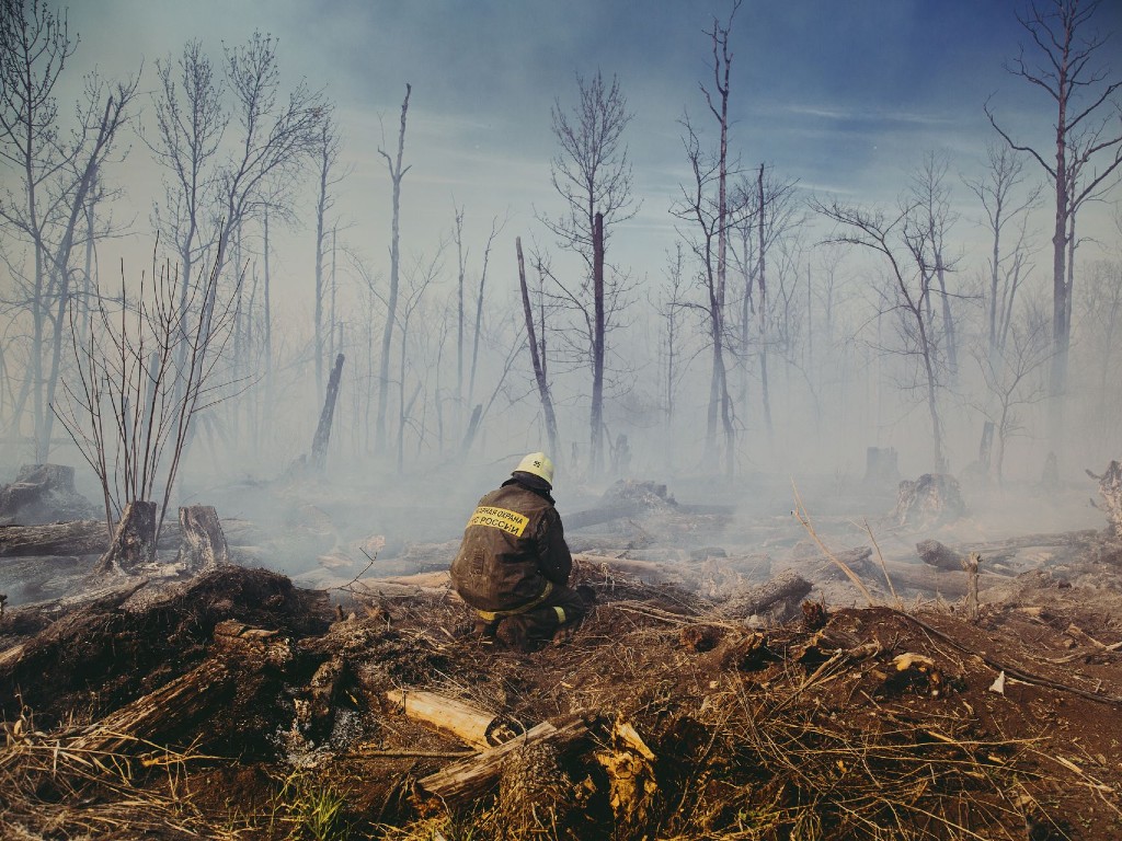 The Tyndall Centre for Climate Change Research: 25 years of impact 3 A firefighter contemplatively sits among the charred aftermath of a forest wildfire, enveloped in mist and smoke